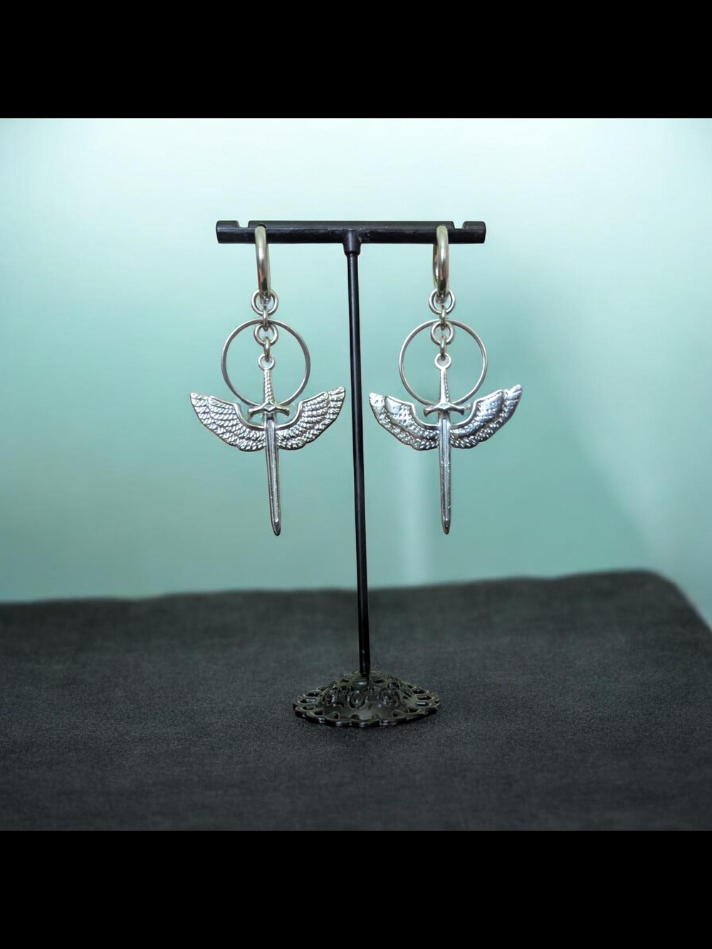Silver Stainless Steel Winged Sword Hoop Earrings